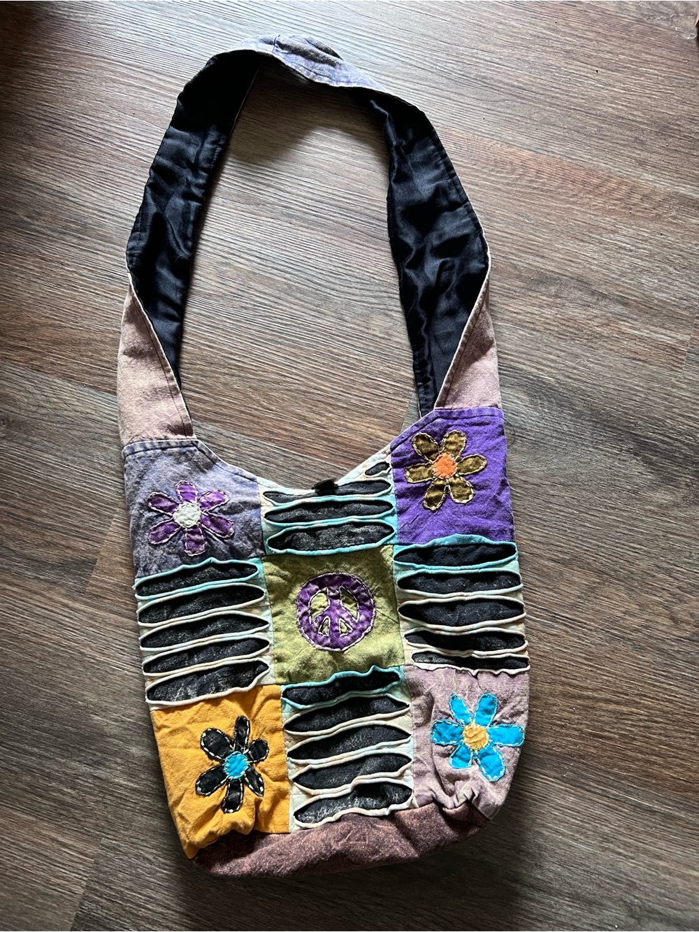 Boho Multicolor Patchwork Flower Hobo Bag - Purple, Teal & Yellow